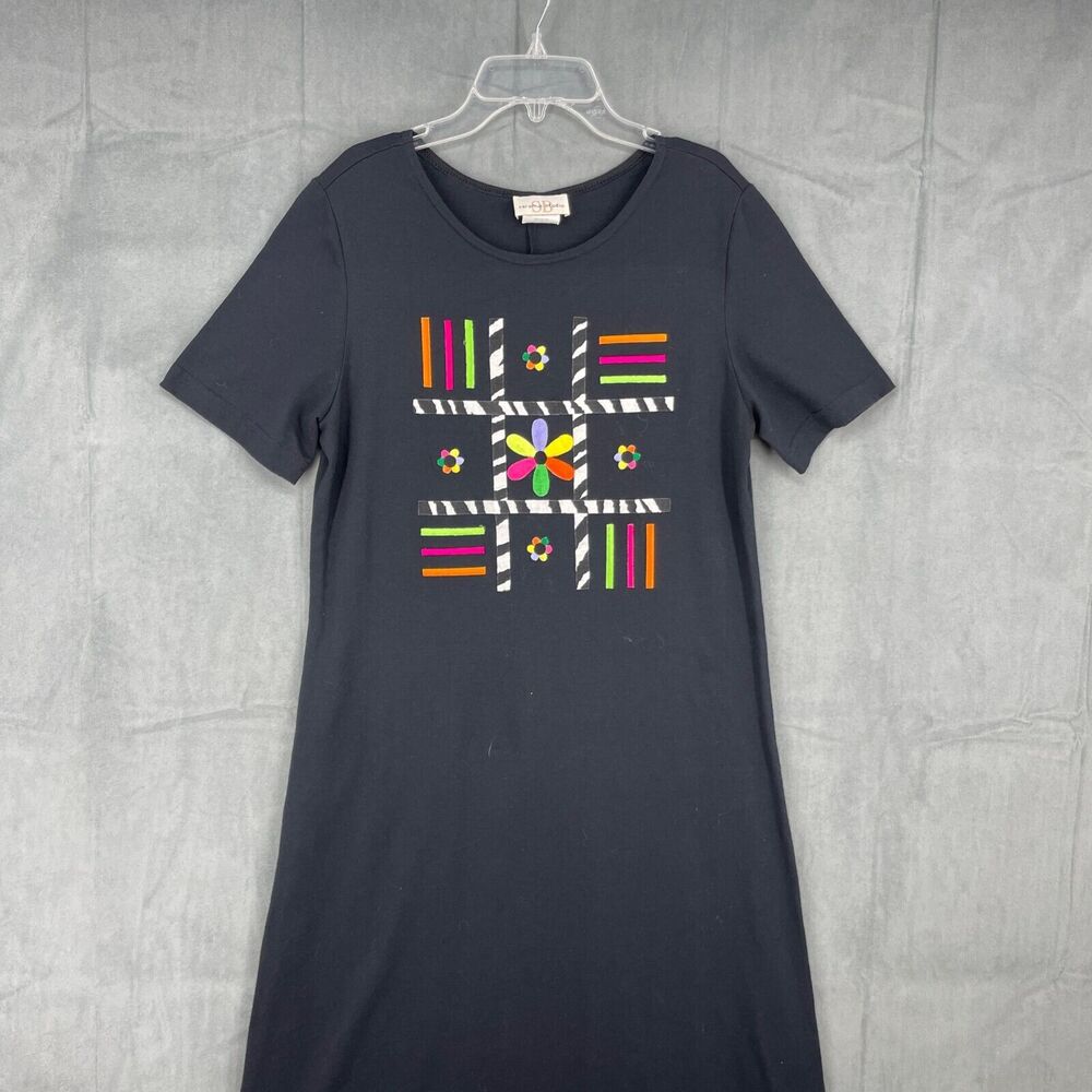 VTG Sarah b Studio Maxi Dress Womens Medium Black Floral Colorful Short Sleeve